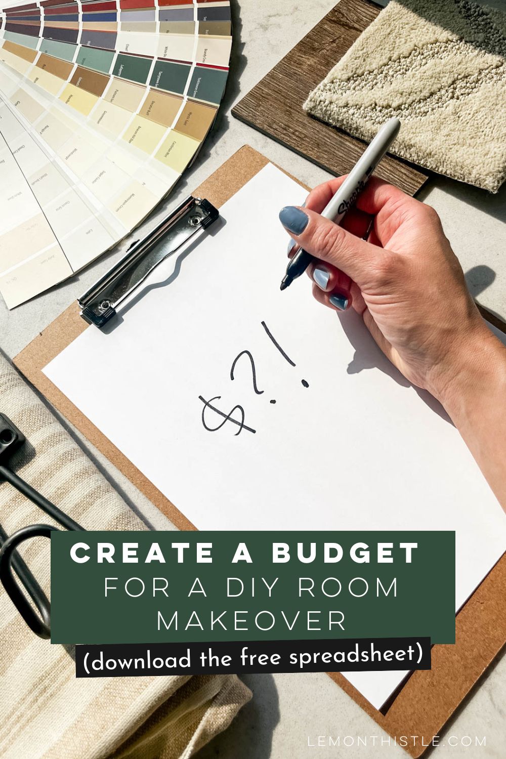 Free room makeover budgeting spreadsheet on clipboard surrounded by room decor samples