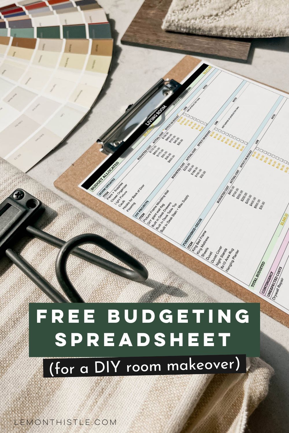 Free budgeting spreadsheet for a room makeover- photo of budget on clipboard