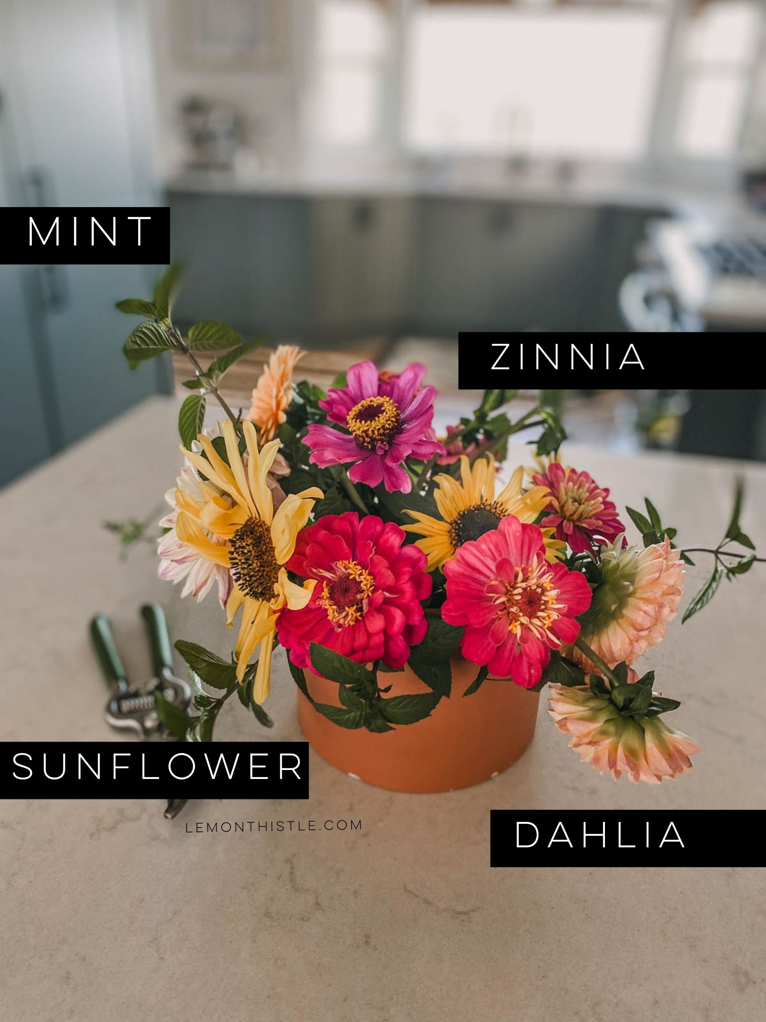 home grown zinnias in a floral arrangement
