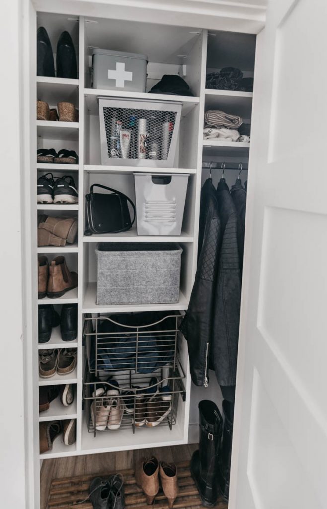 Tips to maximize storage in entry way closet organization for a family- these wire baskets are a great alternative to drawers for kids!