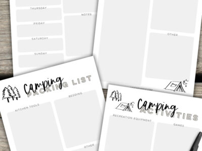 printable camping planner featuring a packing list, meal planner, grocery list and equipment items