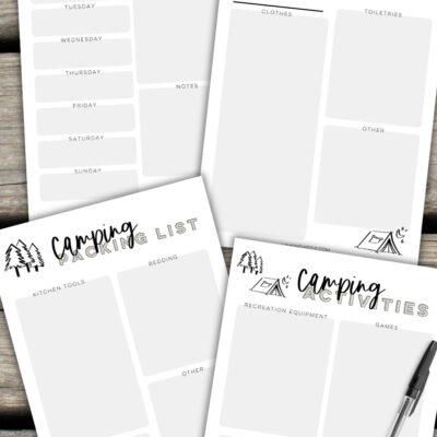 printable camping planner featuring a packing list, meal planner, grocery list and equipment items