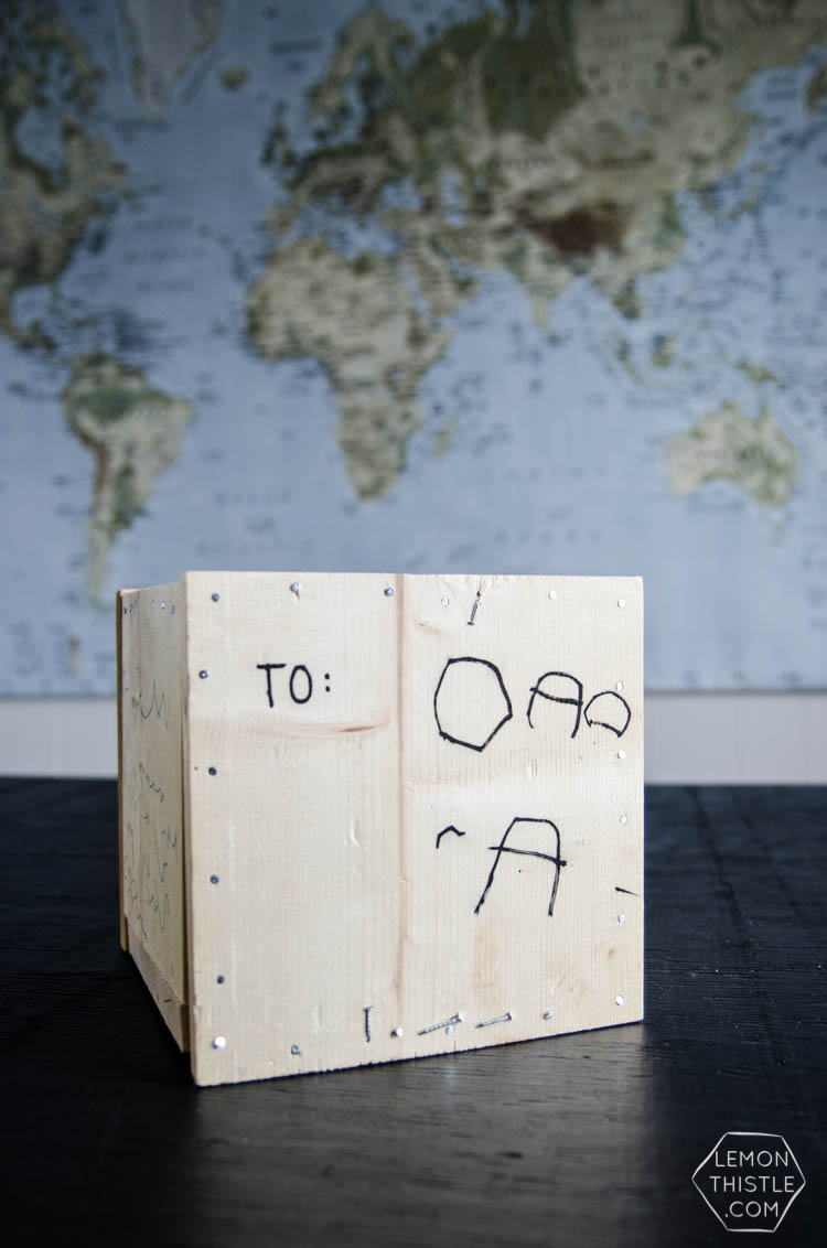 diy gift card crate assembled with kids writing on it for creative gift card ideas for men for fathers day