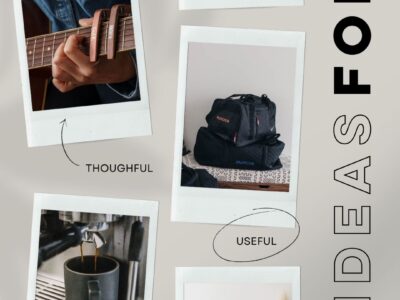 text over reads: gift ideas for him: themed, thoughtful, useful, for all budgets, quick and easy images of gift ideas for a dad for fathers day include giant jenga, custom capo, personalized duffel bags, espresso machine with beautiful mug, and custom record shaped art print.