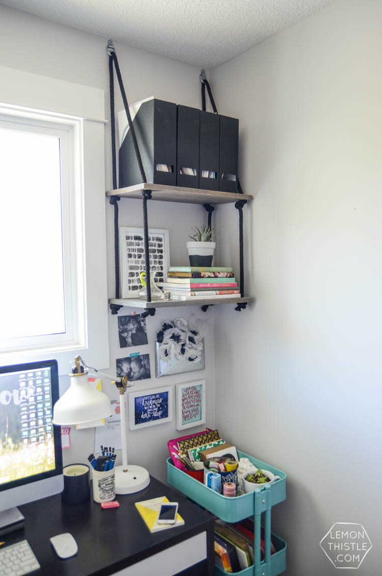 DIY Hanging Rope Shelving- such a fun alternative to a bookshelf!