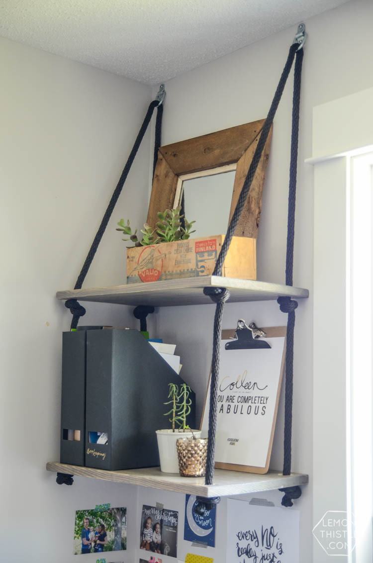 DIY Hanging Rope Shelving- such a fun alternative to a bookshelf!