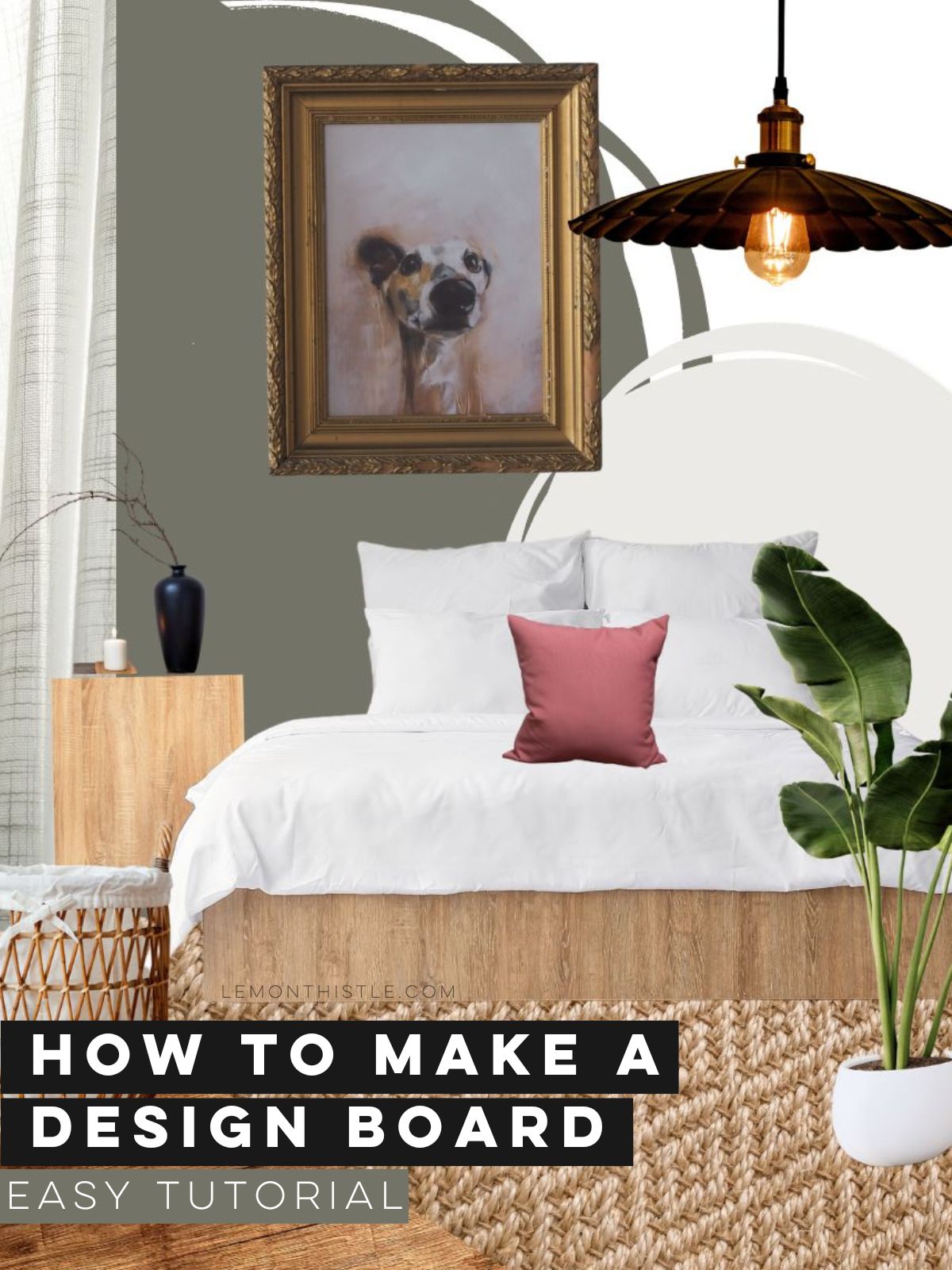 image of a vintage style bathroom design board with layered elements. text reads: how to make a design board (easy tutorial)