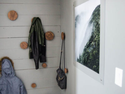 modern grey and wood DIY Mini Mudroom Makeover in a split level entry home