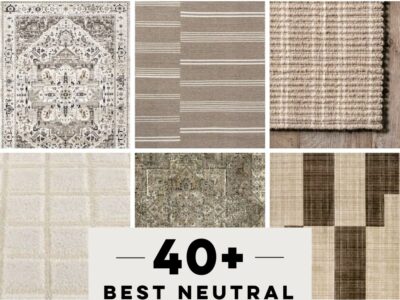 text reads: 40+ best neutral area rugs for your cozy modern home decor image is a collage of neutral area rugs from the blog post
