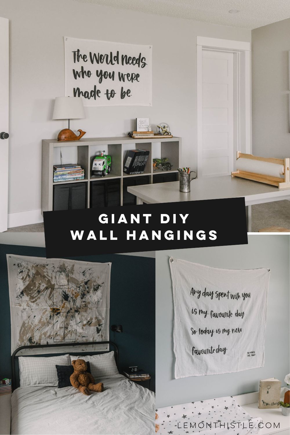 collage of three images of different DIY wall hangings with text: giant DIY wall hangings