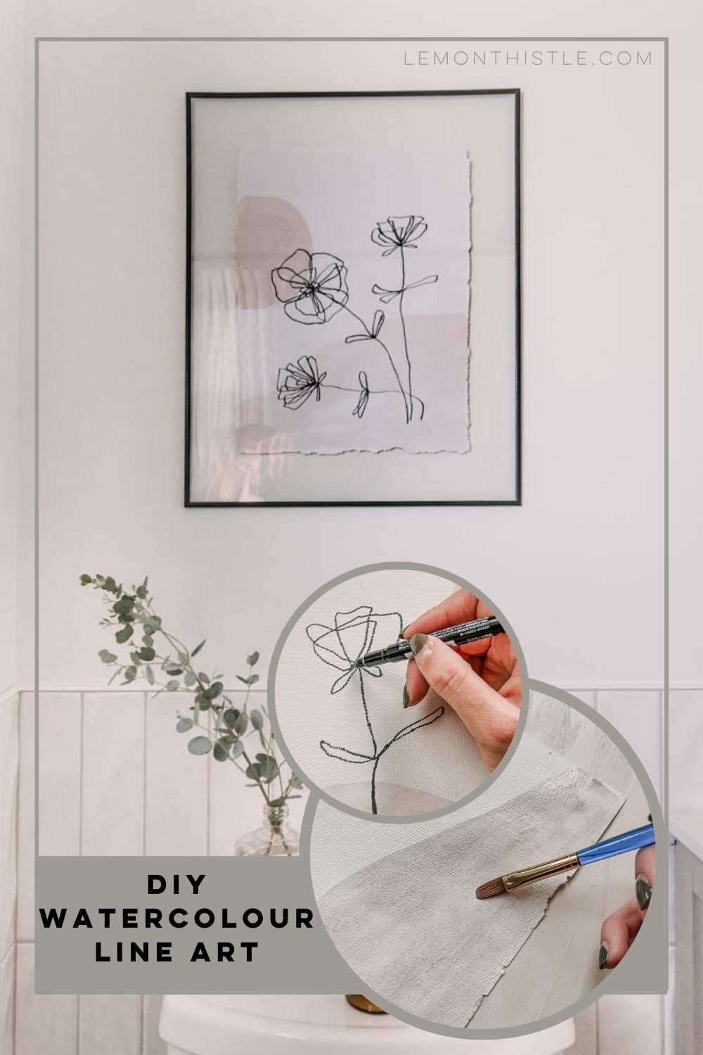 DIY Watercolor and line art decor project tutorial- pin with step by step images overlayed