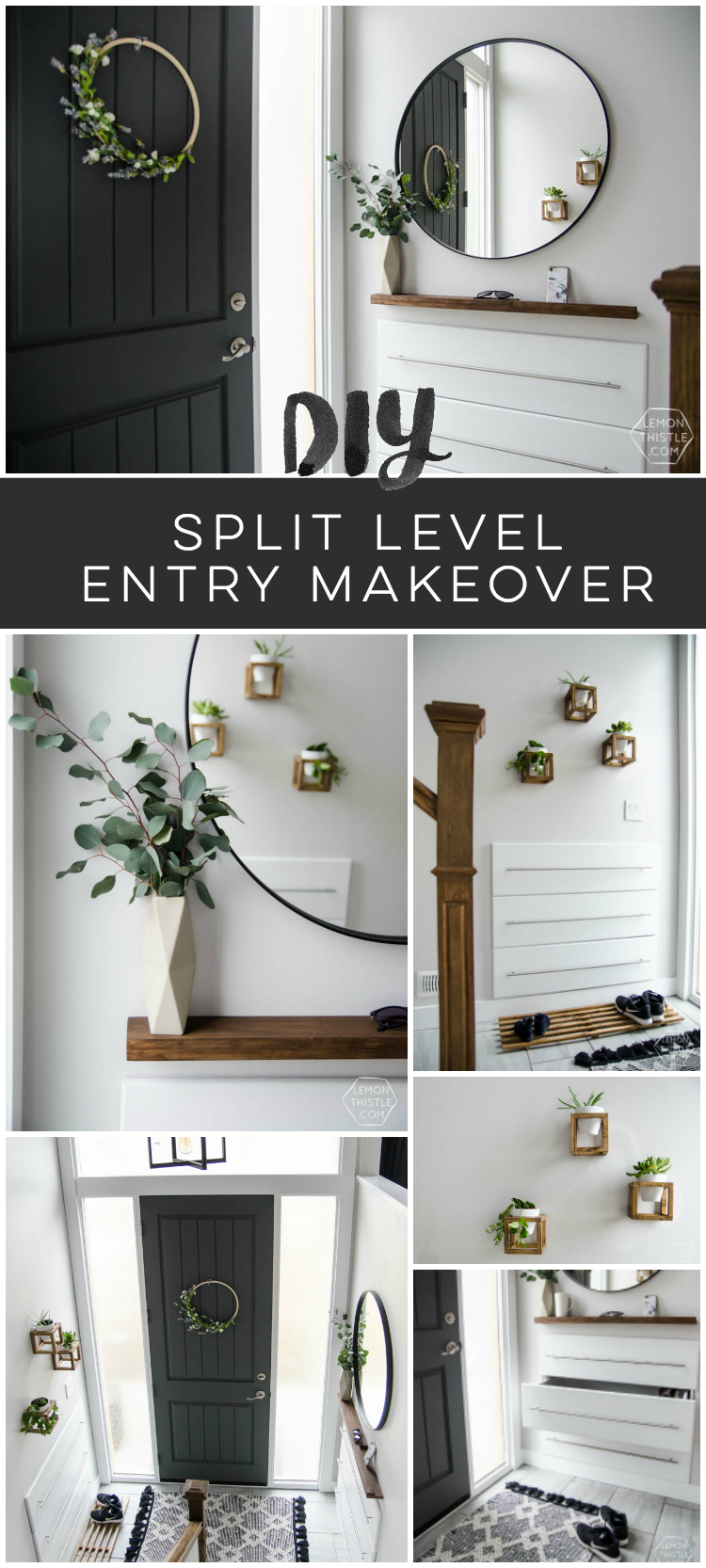 DIY Split Level Entry Makeover- I LOVE this entry. The oversize door, scandi influence and that shoe storage!