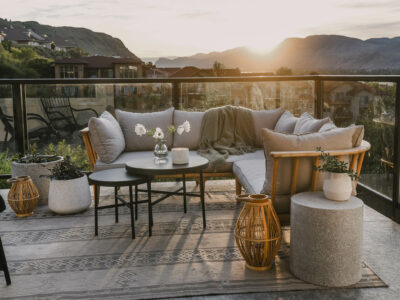 wood look lanterns against grey patio decor