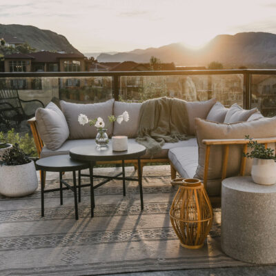 wood look lanterns against grey patio decor