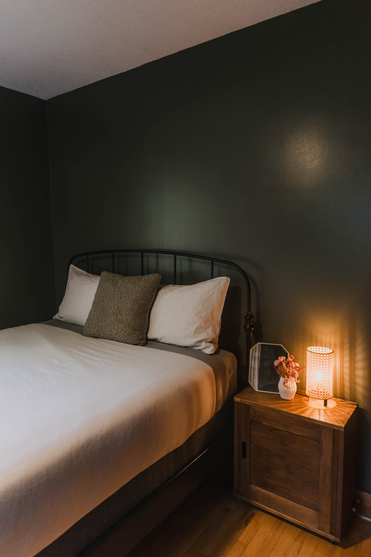 Dark Green Bedroom with wood trim