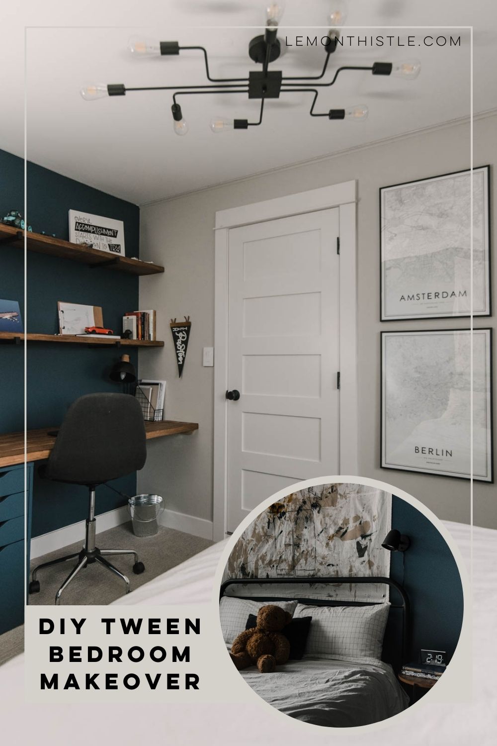 DIY Tween Bedroom Decor pin image of built in desk and dark blue walls
