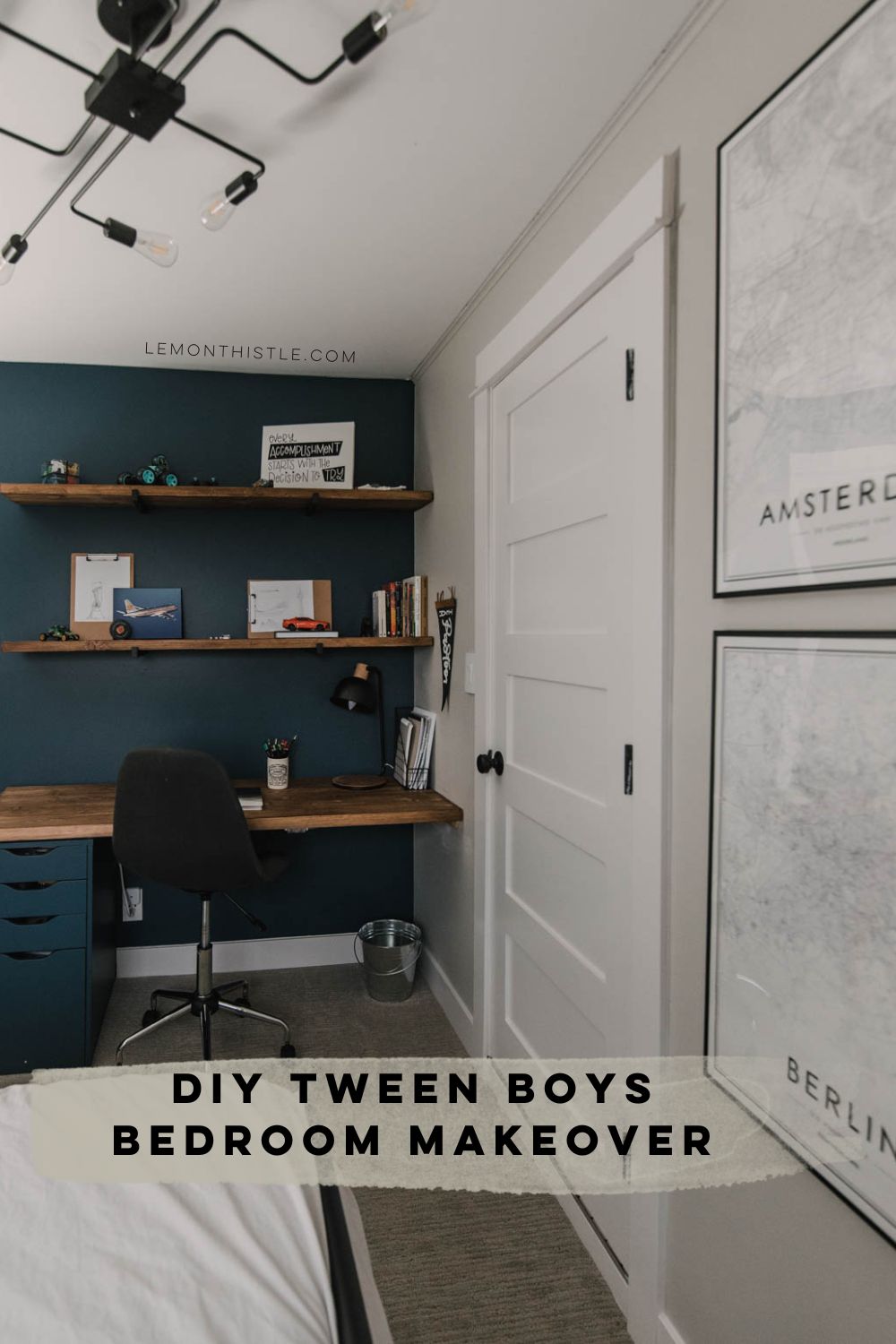 image of built in desk and dark blue walls, text reads DIY Tween Boys Bedroom Makeover