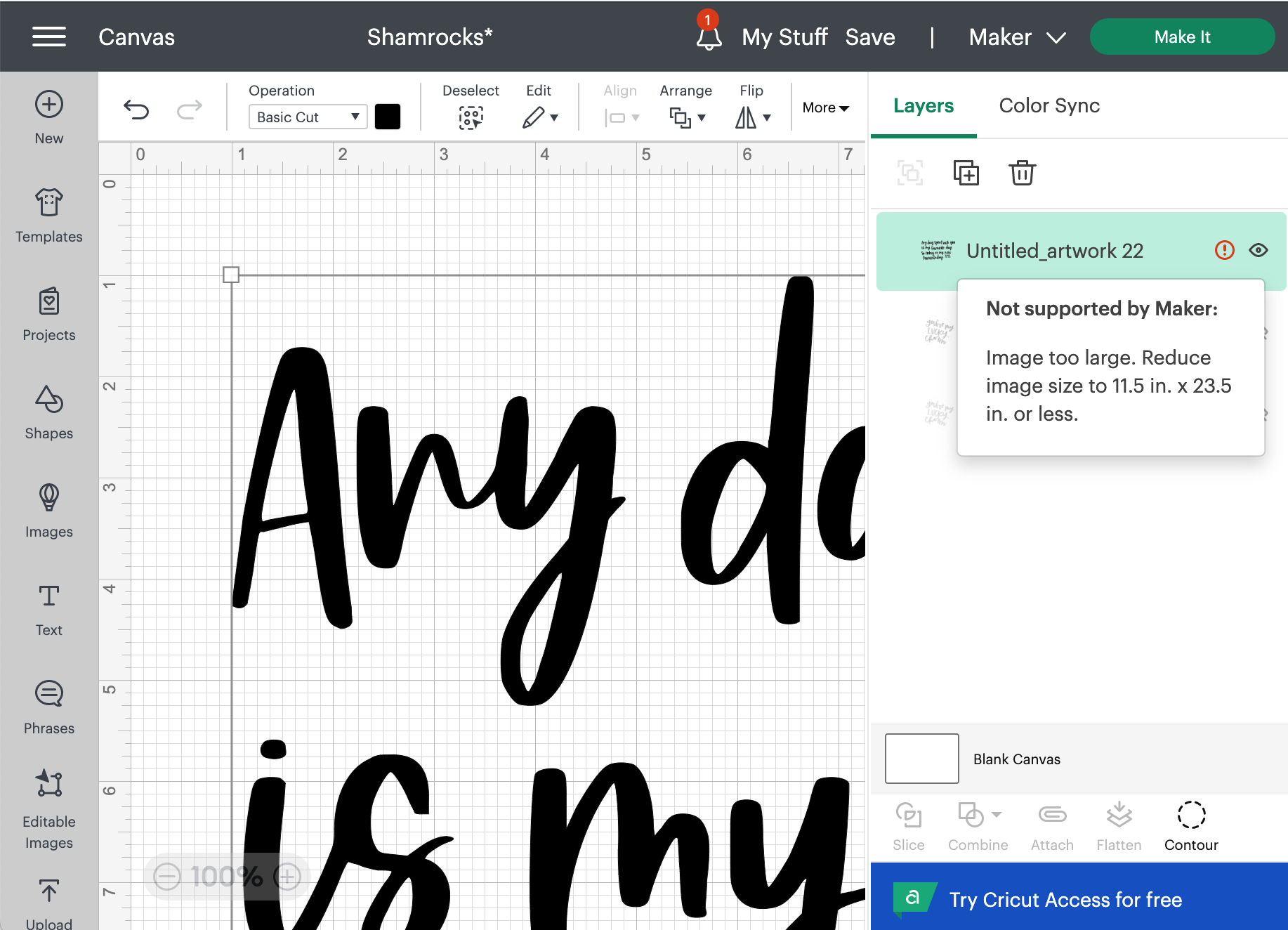 screenshot of handlettered quote in cricut design space- too large to cut all on one mat