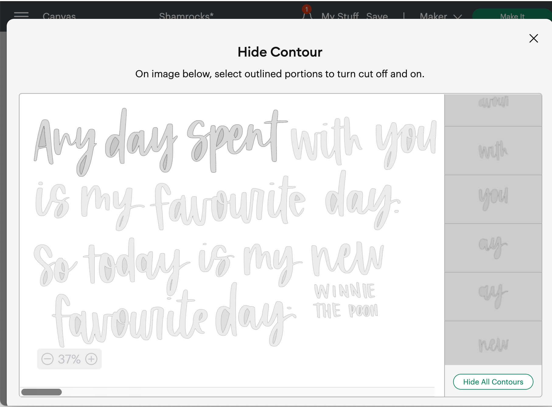 screenshot: How to use the contour tool to break one design into multiple pieces for larger cuts